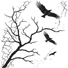 Silhouette of a bare tree with flying birds and cracked texture