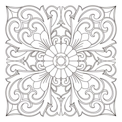 A detailed ornamental flower pattern features swirling leaves and scrollwork.