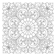 Square ornamental floral pattern displaying a central flower and ornate leaves.