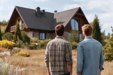 Two men stand arm-in-arm in a grassy field, admiring their new house in the distance, celebrating love, real estate, and new beginnings.