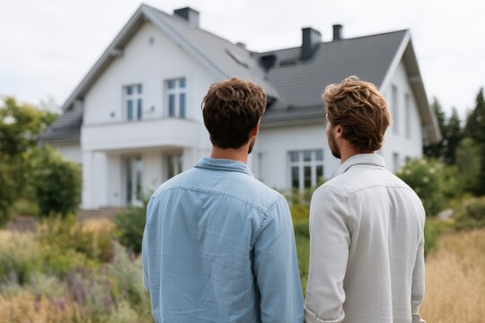 Two men stand arm-in-arm in a grassy field, admiring their new house in the distance, celebrating love, real estate, and new beginnings.