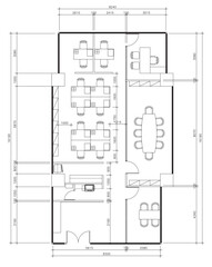 2D Office Interior Layout Plan with Furniture Arrangement, Meeting Room, Manager Room, and Work Area – Vector Drawing