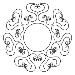 An abstract line art design features a decorative swirling pattern around a central circle.
