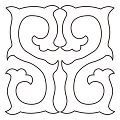 An abstract decorative pattern featuring ornate symmetrical scrollwork arranged in a square.