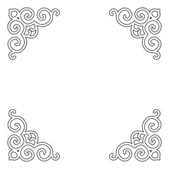 Ornate black line art corners with swirl patterns elegantly decorate the background.