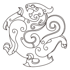 Stylized mythical creature roaring with ornate swirling lines in a dynamic action.