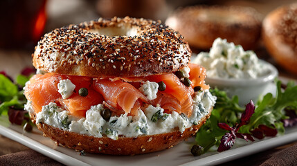 Sesame seed bagel sandwich filled with creamy herbed cream cheese, fresh smoked salmon, and capers, served on a white plate with a garnish of fresh greens, with more bagels and cream cheese and bacon