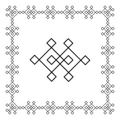 Simple geometric squares create an abstract repeating pattern border and central design.