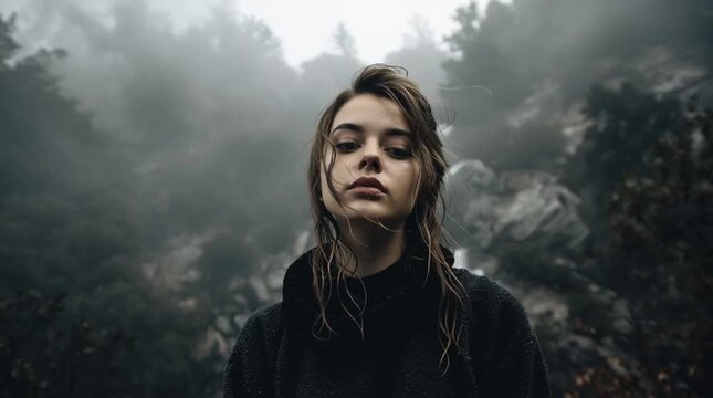 Portrait of a woman with wet hair in a bun wearing a black sweater with a waterfall background