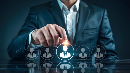 Professional hand selecting top talent from virtual candidates for leadership roles in an organization ready for success and growth now