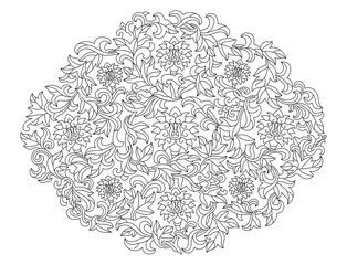 Detailed floral mandala pattern in black and white for a coloring page.