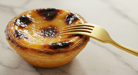 'Golden fork delicately piercing a flaky, caramelized Portuguese egg tart on a sleek marble surface, evoking warmth and indulge...