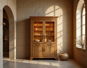 Elegant Wooden Display Cabinet in Rustic Interior