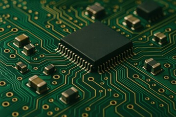 Advanced green circuit board macro with intricate electronic pathways and microelectronics components