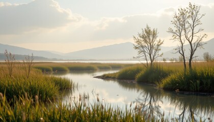 Serene Marshland Landscape with Distant Mountains