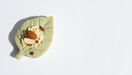 Indulge in exquisite matcha chocolate topped with crunchy almonds and white chocolate chips, a perfect treat.