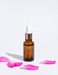 Elegant amber serum bottle with rose petals, perfect for beauty and skincare promotions.