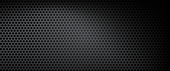 Seamless dark hexagonal grid vector background with metallic texture and subtle gradient lighting, perfect for tech, industrial, or futuristic design themes.