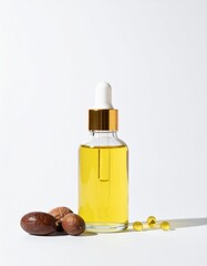 Luxurious golden serum bottle with natural oils and capsules for radiant skincare routines