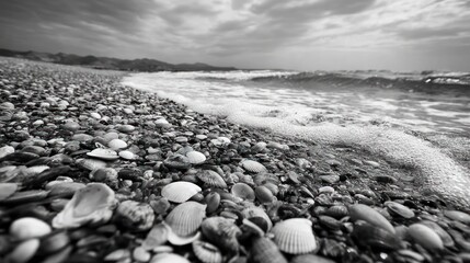 Monochrome seaside view of shells & stones meeting frothy waves on a cloudy day