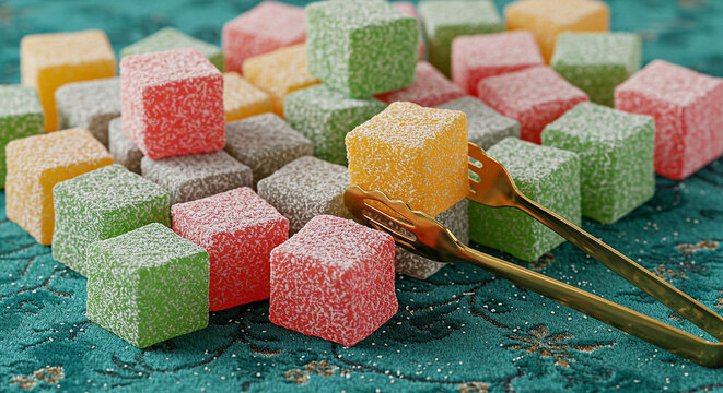 'Delicate Fork Lifting Vibrant Turkish Delight Cubes on an Ornate Teal Background, Highlighting Sweetness and Colorful Confecti...