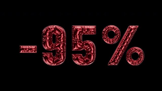 "-95%" letters from glossy, crinkled waving mylar balloons. Text for promotions, online sales. Typography for advertising and festive discounts. Transparency embedded. Loop