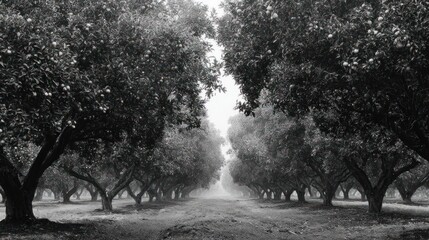 Monochrome path lined by symmetrical, shadowy trees leads into hazy distance
