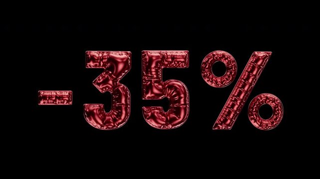 "-35%" letters from glossy, crinkled waving mylar balloons. Text for promotions, online sales. Typography for advertising and festive discounts. Transparency embedded. Loop