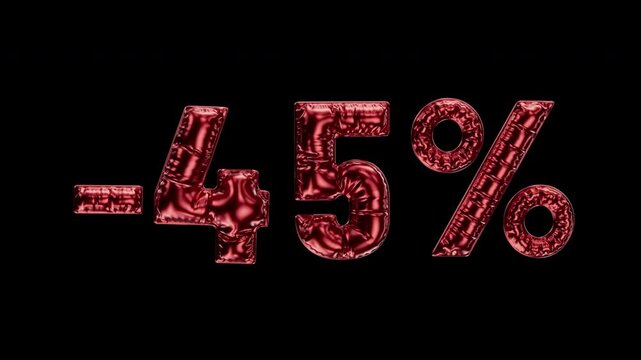 "-45%" letters from glossy, crinkled waving mylar balloons. Text for promotions, online sales. Typography for advertising and festive discounts. Transparency embedded. Loop
