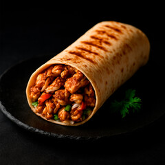Grilled Chicken Shawarma on Black Plate with Dark Background – AI-generated