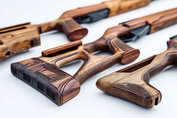 Stylish Wooden Rifle Stocks Displayed on White Background Showcasing Grain and Craftsmanship Details