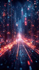 Fototapeta premium Futuristic city street at night, illuminated by glowing lights.