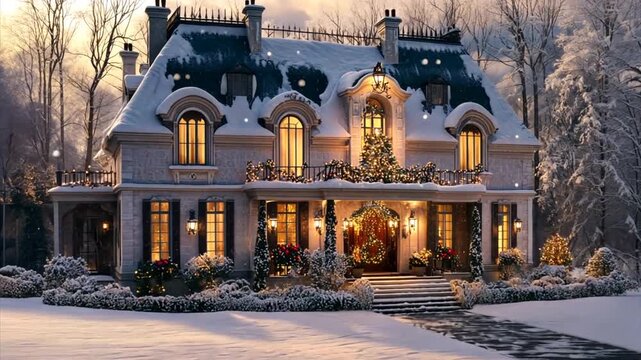 French style house decorated and illuminated for Christmas and New Year. City mansion in winter park covered with snow