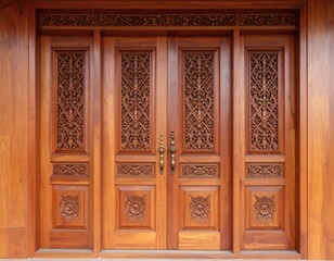 Fototapeta premium Traditional richly carved wooden double doors showcasing skilled craftsmanship and elegant architectural detail.