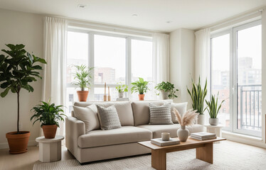 Fototapeta premium A stylish modern minimalist living room interior featuring a beige couch, lush indoor plants, and large windows that allow abundant natural light to flood the space. The room is decorated in soft, 