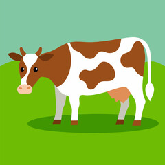 Brown and white cow with grass vector landscape background.