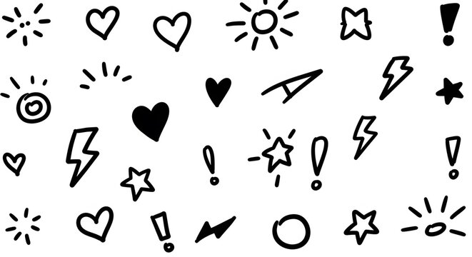 Hand-Drawn Doodle Set: Hearts, Stars, Lightning, Sunbursts, Exclamations. - Powered by Adobe