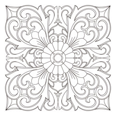 A detailed ornamental flower pattern features swirling leaves and scrollwork.