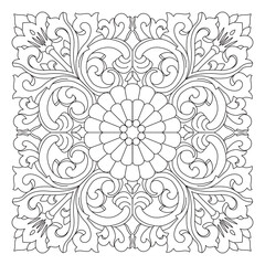 Square ornamental floral pattern displaying a central flower and ornate leaves.