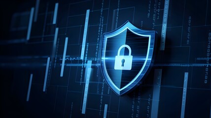 Sophisticated cybersecurity shield with padlock conveying robust data protection, perfect for technology and digital security visuals online