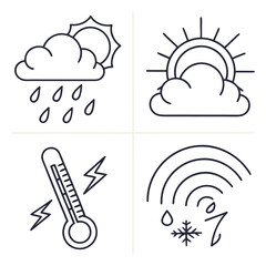 Collection of weather icons showing rain sun clouds thermometer lightning snowflake and rainbow