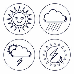 Set of four circular weather icons showing sun rain cloud lightning and stormy weather