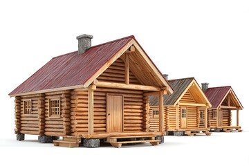 Three Wooden Log Cabins with Red Roofing and Chimney Against White Background