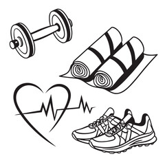 Collection of fitness equipment and symbols including a dumbbell yoga mats running shoes and a heart rate monitor
