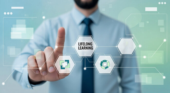 Man pointing at lifelong learning hexagon in digital interface with tie and light blue shirt