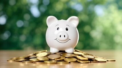 Start saving today a cute piggy bank sitting on a pile of gold coins, symbolizing financial growth, investments, and the path to wealth accumulation