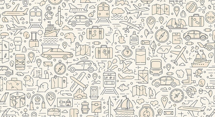Obraz premium Seamless pattern of travel and transport icons in a minimalist beige and black line art style.