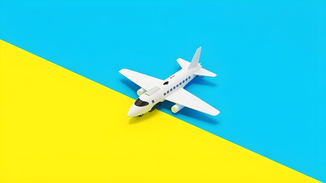 Dreaming of travel a toy airplane takes flight over a vibrant blue and yellow background, inspiring wanderlust and adventure for your next journey
