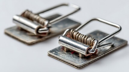 Two Metallic Snap Mouse Traps on White Surface, Pest Control Solution CloseUp View