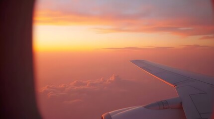 Golden-pink sunset with soft, warm hues seen from an airplane window,